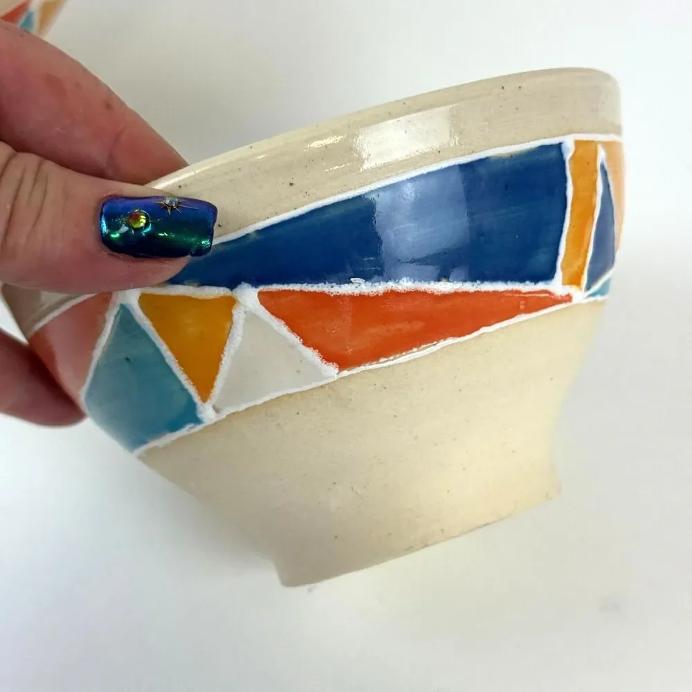 Handmade Ceramic Stoneware Nesting Bowls Colorful Abstract Geometric Design 2003